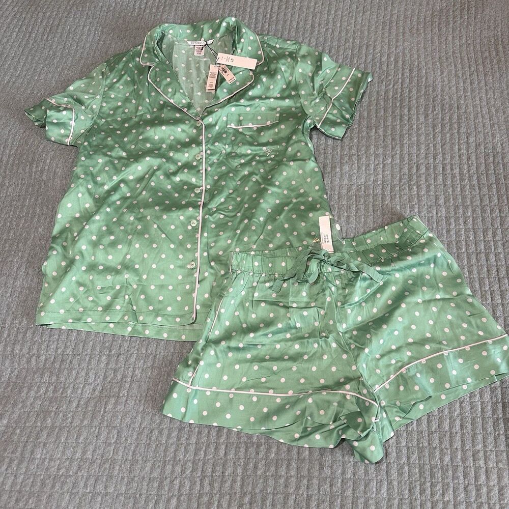 Victoria's Secret Green/Mint Polka Dot Short Sleeve PJ Set S Lyocell Old Money
